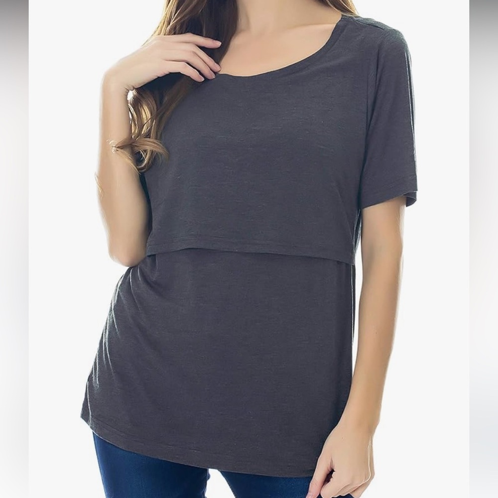 Small Show Tee Heathered Gray Maternity/ Nursing Short Sleeve Top Sz L EUC